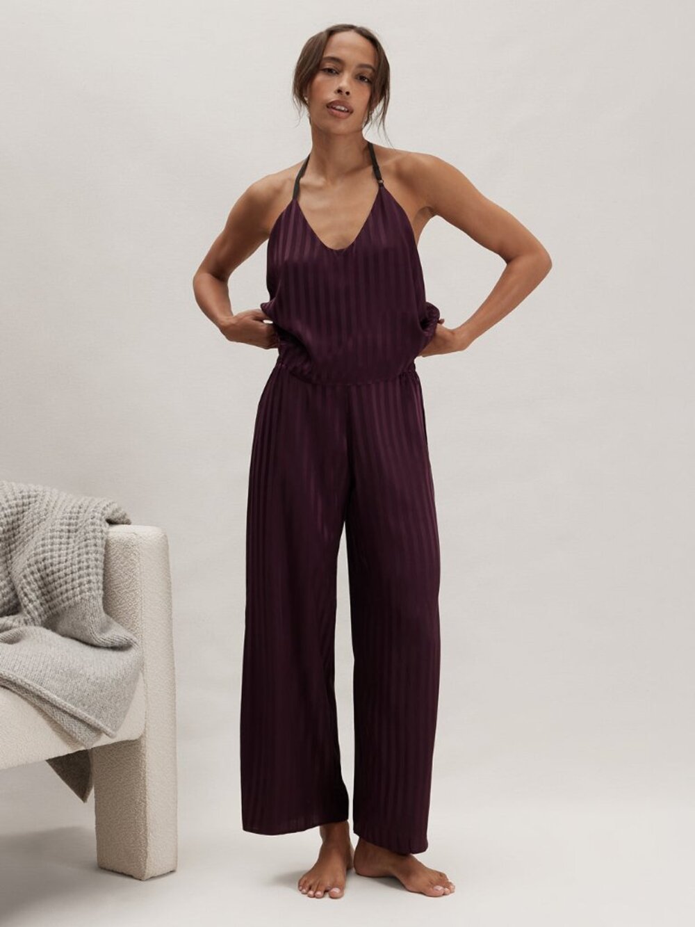 Lunya Washable Silk Striped Jacquard Cami Pant Set Size MVintage Merlot Jacquard